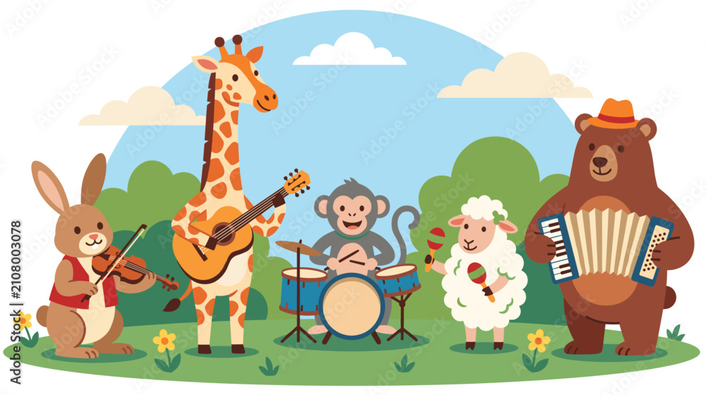 Fototapeta premium Cute animal music band playing instruments on green meadow with clouds.