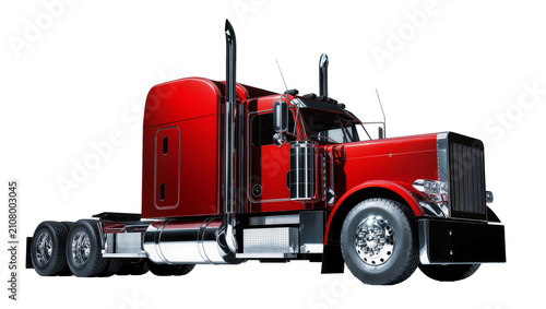 Shiny red semi-truck tractor with chrome accents, isolated on transparent background