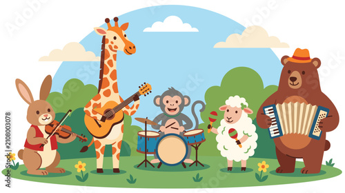 Canvas Print Cute animal music band playing instruments on green meadow with clouds