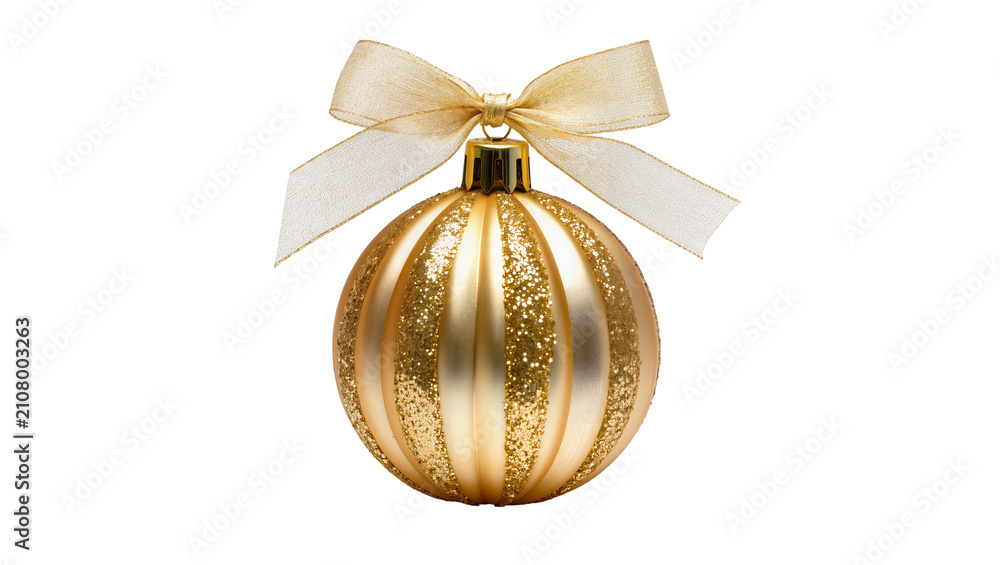 Obraz premium Golden striped Christmas ornament with glitter and bow, isolated on transparent background