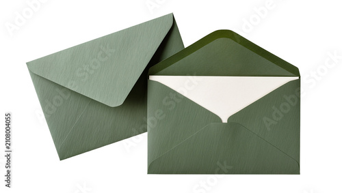 Two textured green envelopes one open revealing a white paper insert, isolated on transparent background