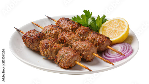 Grilled kofta kebabs on wooden skewers with lemon slice parsley and red onion, isolated on transparent background