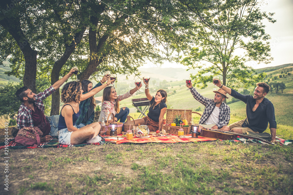 Obraz premium Group of young friends celebrating and sharing a happy outdoor picnic with wine, food, and music, enjoying togetherness in a scenic vineyard landscape during sunset