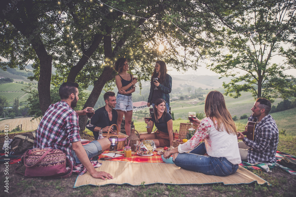 Obraz premium Group of young friends celebrating and sharing a happy outdoor picnic with wine, food, and music, enjoying togetherness in a scenic vineyard landscape during sunset