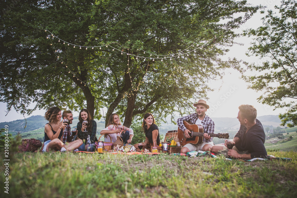 Obraz premium Group of young friends celebrating and sharing a happy outdoor picnic with wine, food, and music, enjoying togetherness in a scenic vineyard landscape during sunset