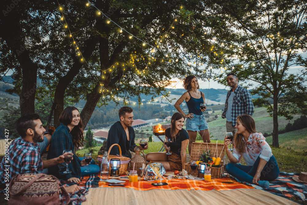 Obraz premium Group of young friends celebrating and sharing a happy outdoor picnic with wine, food, and music, enjoying togetherness in a scenic vineyard landscape during sunset