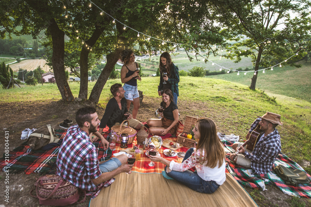 Obraz premium Group of young friends celebrating and sharing a happy outdoor picnic with wine, food, and music, enjoying togetherness in a scenic vineyard landscape during sunset
