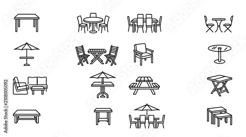 Collection of outdoor and indoor furniture line art icons set