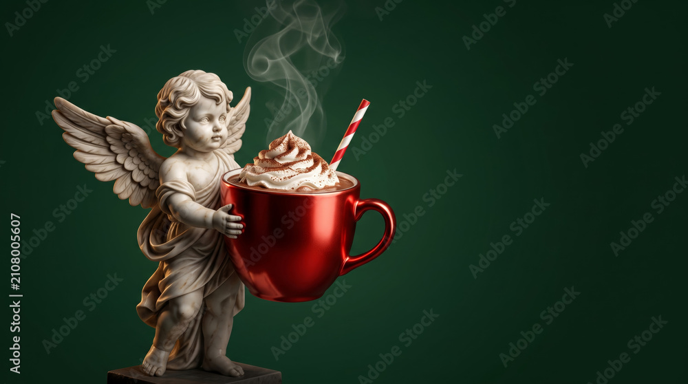 Obraz premium Classical marble cherub holding a red holiday coffee cup on a green background, providing a bold layout for seasonal cafe branding.