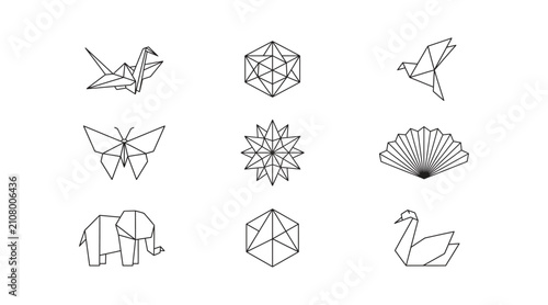 Origami oriental line icon set with crane butterfly fan elephant and swan vector illustration
Line icon collection of origami and oriental themed shapes including a paper crane, butterfly, snowflake p