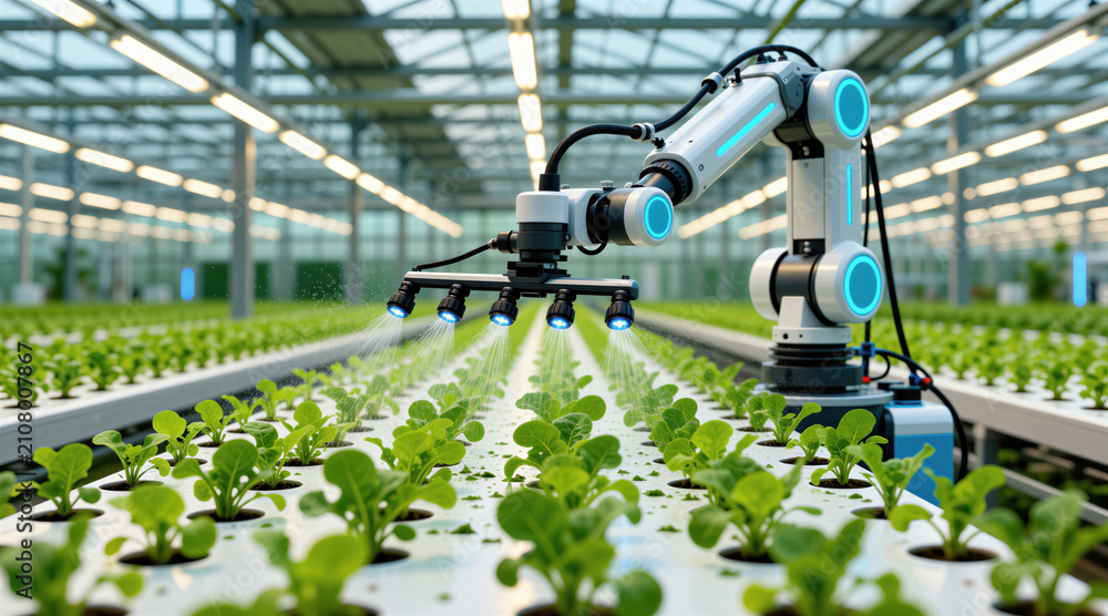 Fototapeta premium Automated robot arm sprays water on green salad plants in indoor smart greenhouse. Industrial machine uses precision irrigation system for crops inside farm facility. Modern tech device maintains