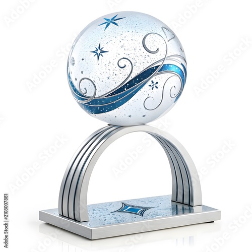 Decorative crystal glass sphere with blue swirl design on stand decorative ornament interior transparent reflection