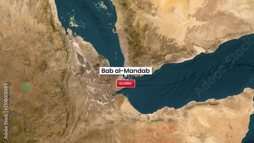 Animated Map of Bab al-Mandab Strait with Closed Sign for Red Sea Crisis Visuals