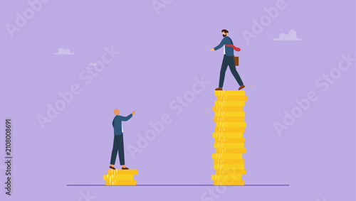 Bild auf Leinwand White rich businessman standing on high salary coins tower with poor black man on low coins stack