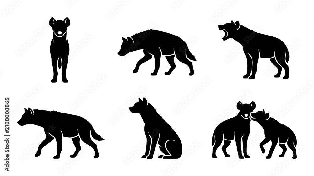 Obraz premium Hyena Silhouettes Set, Wild Animal Poses, African Wildlife Vector Icons