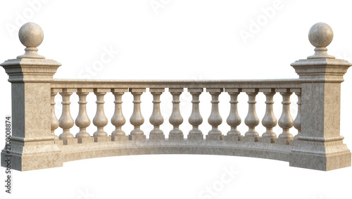Fotografie Curved stone balustrade with ornate balusters and spherical finials, isolated on