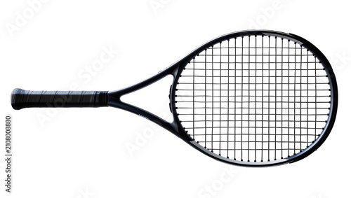 Photography Black tennis racket with tightly strung strings, isolated on transparent backgro