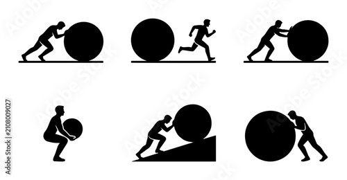 фотографія Silhouette Figures Pushing Rolling Spheres, Vector Icons Set, Business Challenge