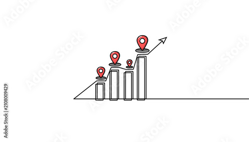 One line location pin with rising bars, minimalist continuous line drawing, growth and location analytics concept