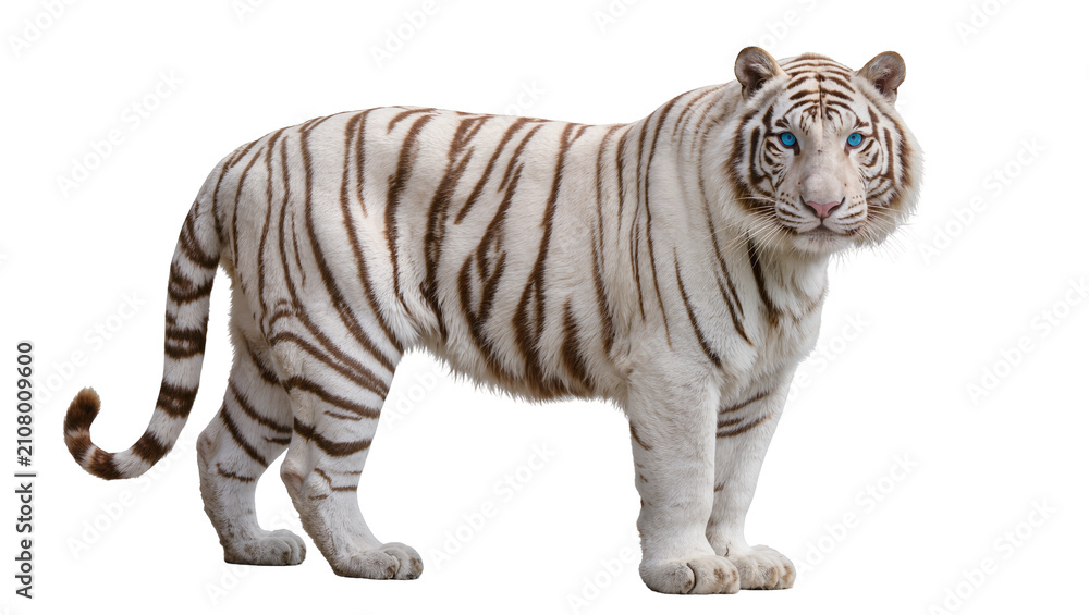 Obraz premium Majestic white tiger with blue eyes standing alert, isolated on transparent background