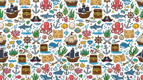 Bild auf Leinwand Colorful pirate treasure map pattern with ships and sea creatures