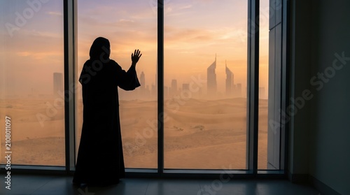 Silhouette of Woman in Abaya Looking at Dubai Cityscape at Sunset.