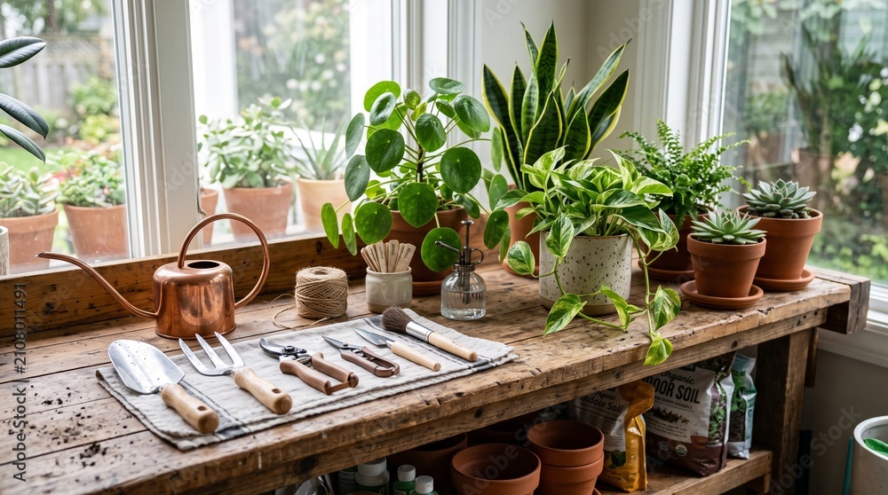 Fototapeta premium A rustic wooden potting bench sits before a bright window, arranged with various house plants, a copper watering can, and essential gardening tools.