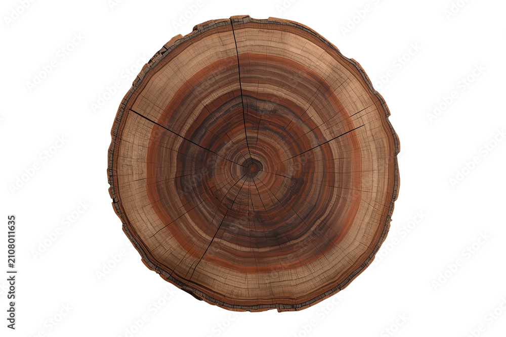 Obraz premium Wood cross section showing tree rings and growth patterns, natural texture, brown surface on transparent background