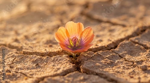 Vibrant Orange Flower Blooming in Dry Cracked Earth Symbolizing Resilience and Hope.