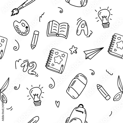 School Seamless Pattern Illustration with Education Supplies and Classroom Elements for Back to School, Fabric, Wallpaper, Packaging, and Surface Pattern Design. Vector Isolated