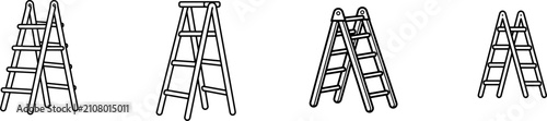 A minimalist black outline of a folding step ladder stands upright against a pure white background