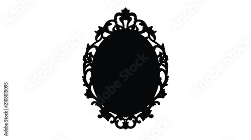 Elegant black oval mirror frame silhouette featuring intricate decorative vintage carvings on a plain white background