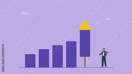 Foto Smart businessman ignite firework rocket bar graph to increase company growth