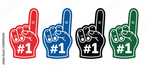 Foam hand icons illustrating number one finger gloves in colorful styles with clean minimalist vector graphics for supporter merchandise, sports celebrations, victory events, fan engagement, and champ