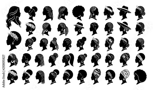 Obraz na płótnie Women Silhouette Vector Set with Various Hairstyles and Fashion Headpieces