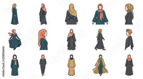 Cuadro en lienzo Elegant Collection of 15 Modest Women s Outfits with Varied Hijabs Scarves and L