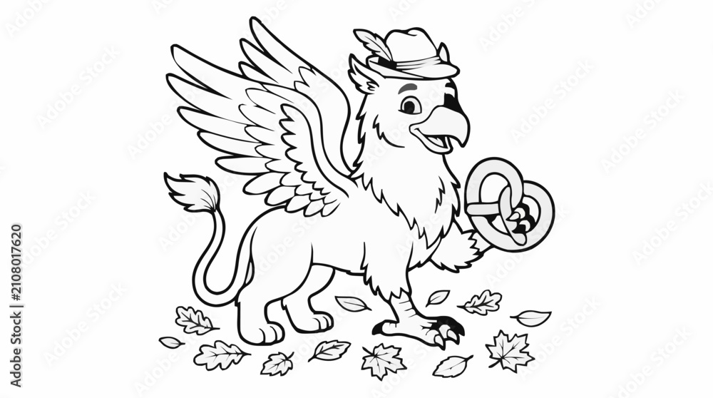 Naklejka premium Black and White Coloring Page of a Friendly Griffin Wearing a Hat and Holding a Pretzel, Surrounded by Autumn Leaves, Vector Illustration