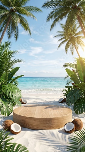 Vertical tropical beach product display scene with coconut palm trees 