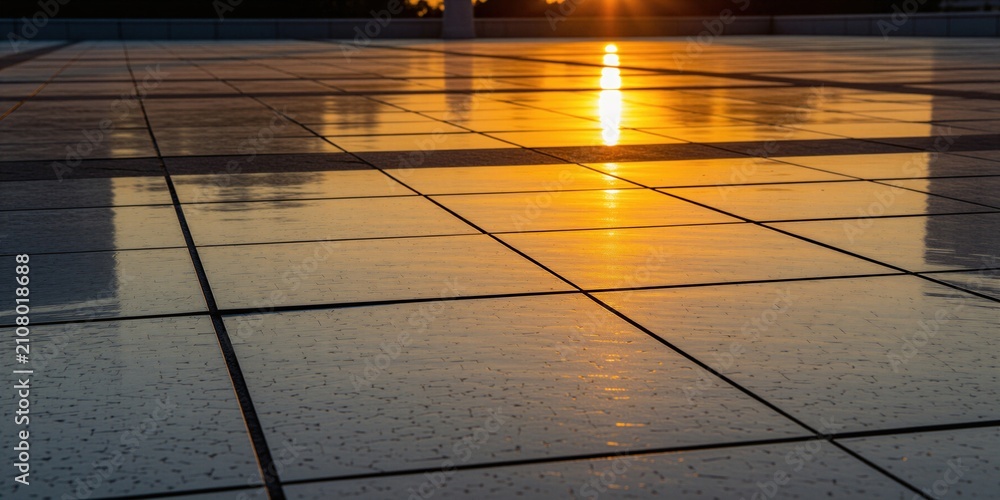 Obraz premium Golden sunset sunlight reflects on polished tile floor outdoor terrace. Evening sky light creates orange glow on marble surface grid lines. City plaza ground shines with warm bright beams. Abstract