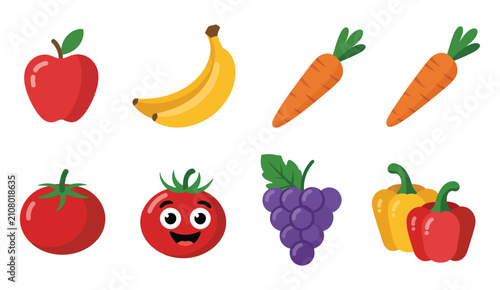 Fruits and vegetables icon set, featuring flat illustrations, emoji style, sticker elements, healthy food symbols, transparent background, and clean vector design.
