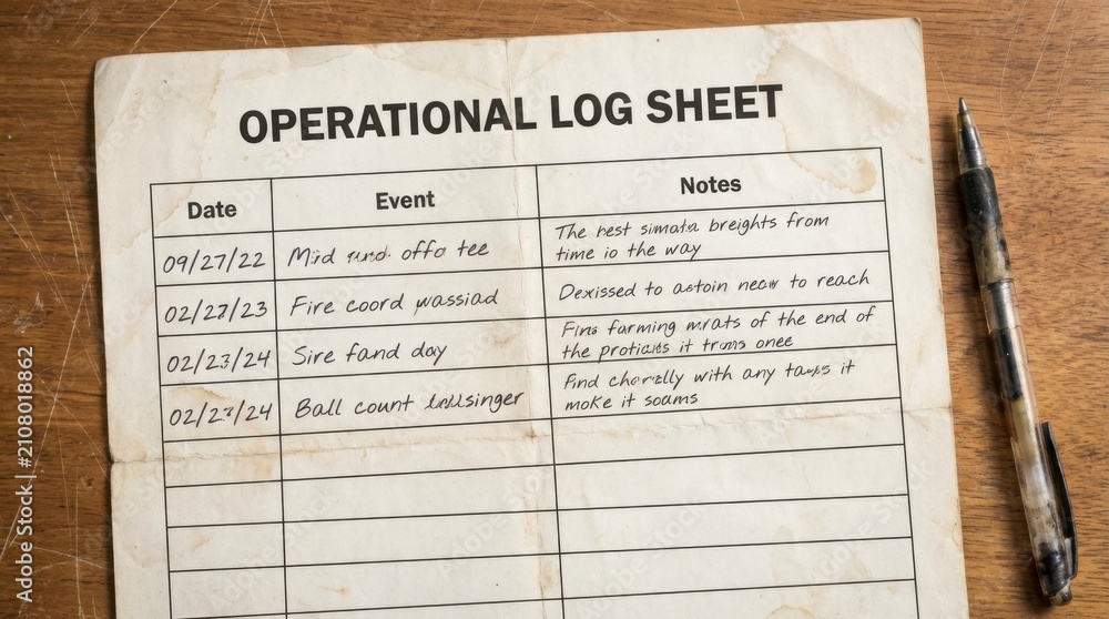 Fototapeta premium Vintage Office Log Sheet on Wooden Desk with Pen.