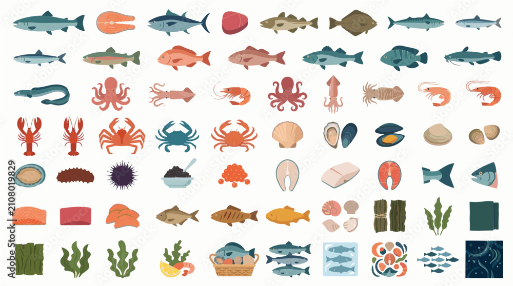 Obraz premium Hand Drawn Marine Life Clipart Collection with Sea Animals and Seafood Isolated on White Background