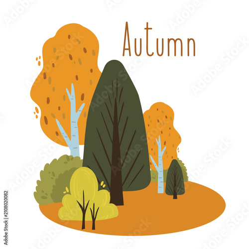 Flat vector illustration of an autumn landscape with trees, shrubs, and the word “Autumn”