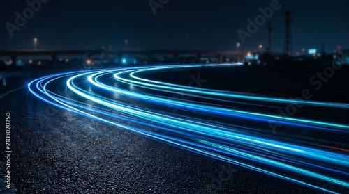 Long Exposure Blue Light Trails on Dark Asphalt Background