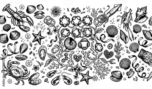 Fotografija Vintage sea animals sketch vector collection
