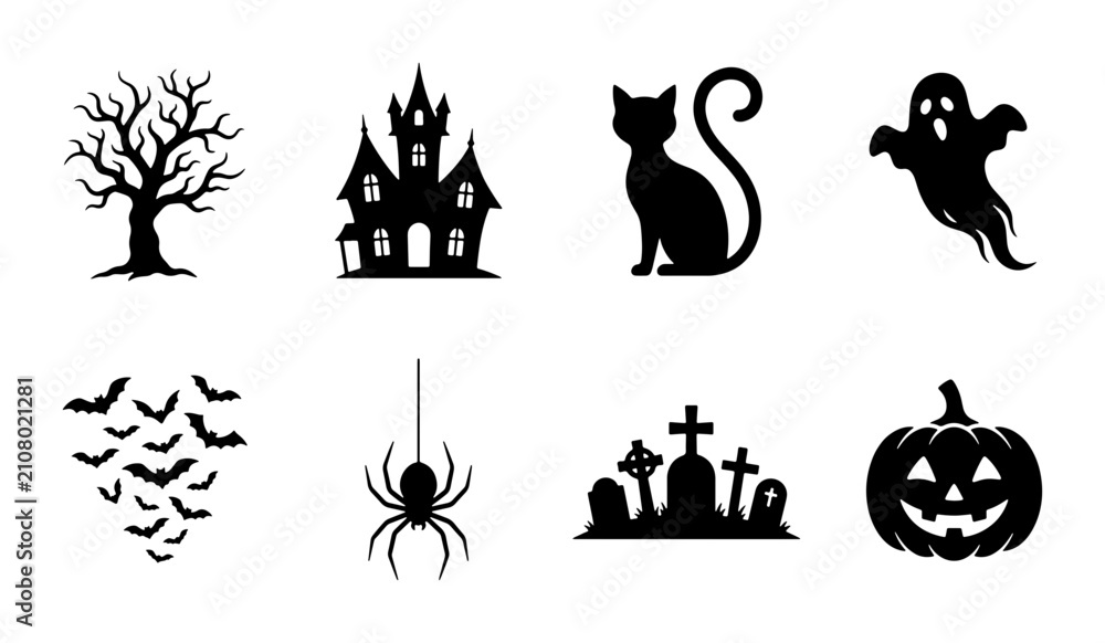 Fototapeta premium Halloween Icons Set: Spooky Vector Graphics for Festive Designs, Haunted House, Ghost, Pumpkin