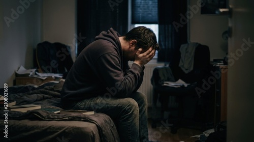 Distressed Young Man Sitting on Bed in Dark Room Feeling Depressed and Overwhelmed by Stress and Anxiety
