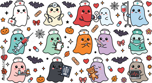 A collection of cute cartoon ghost nurses with medical equipment and halloween elements isolated on a white background for design projects