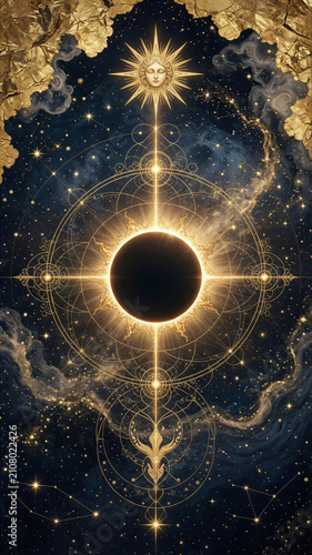 Majestic celestial artwork featuring a dark solar eclipse with glowing divine gold foil details