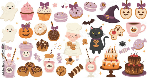 A collection of cute watercolor halloween elements featuring ghosts pumpkins black cats witch hats cupcakes and sweet treats on white background